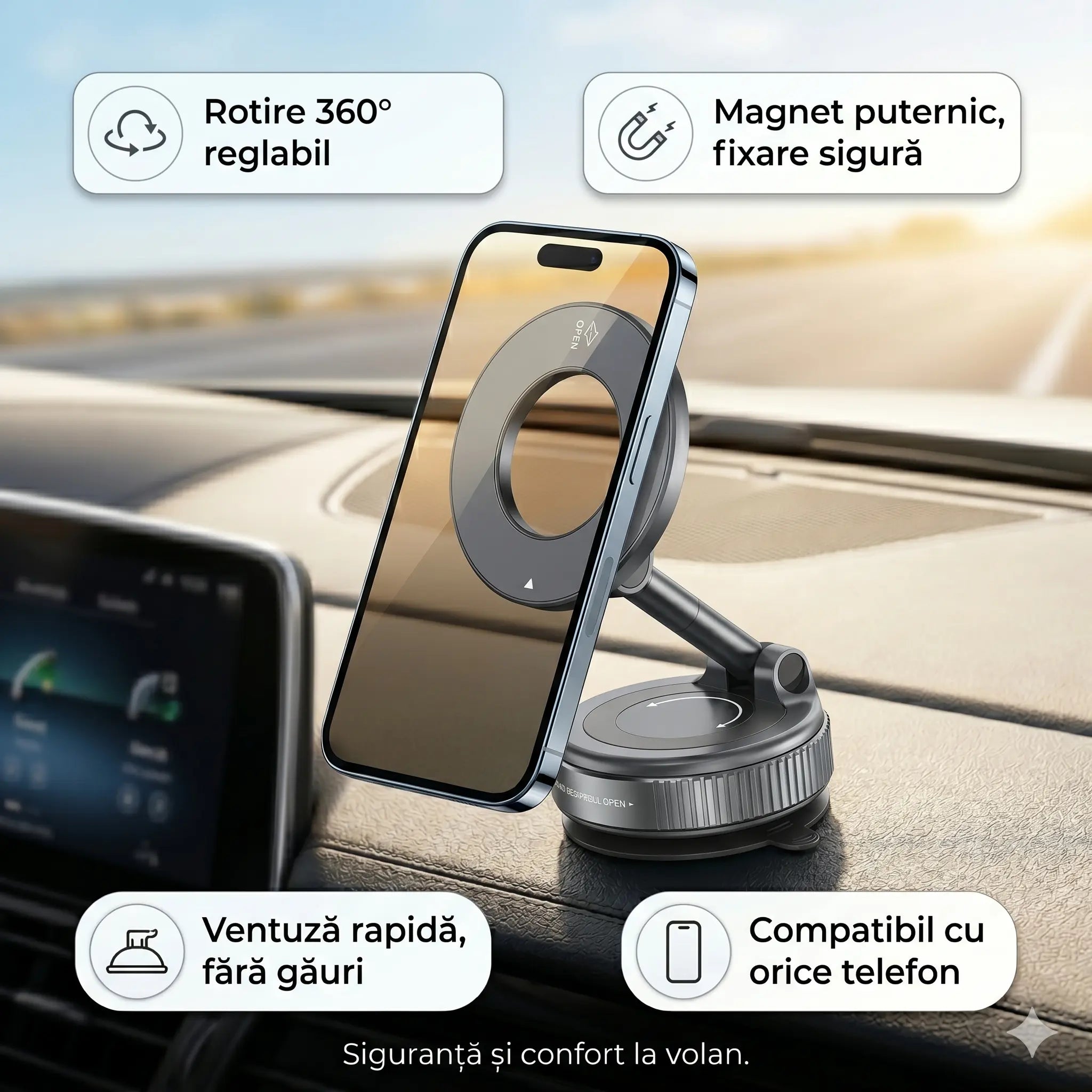 Suport Magnetic cu Ventuză 360° Reglabil pentru Orice Tip de Telefon